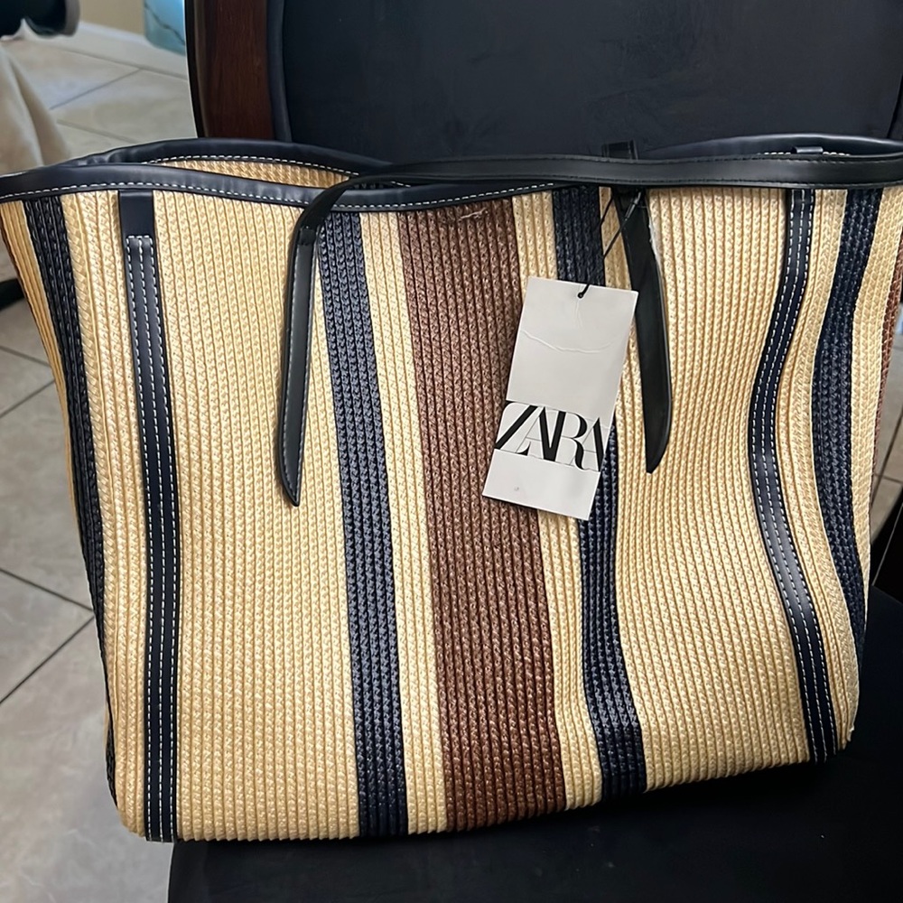 Zara Striped Straw Tote in Beige, Navy & Brown - Picture 3 of 3